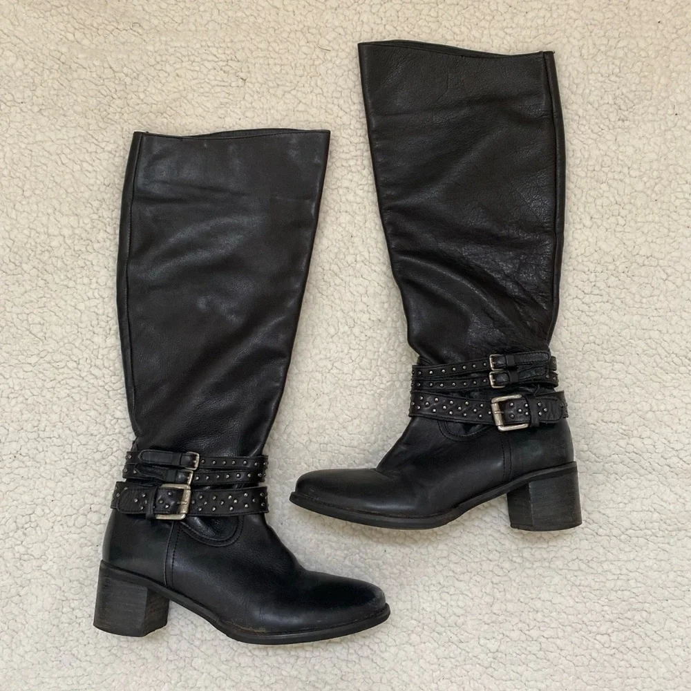 Matisse Nory leather knee-high boots heeled black moto Sz 8